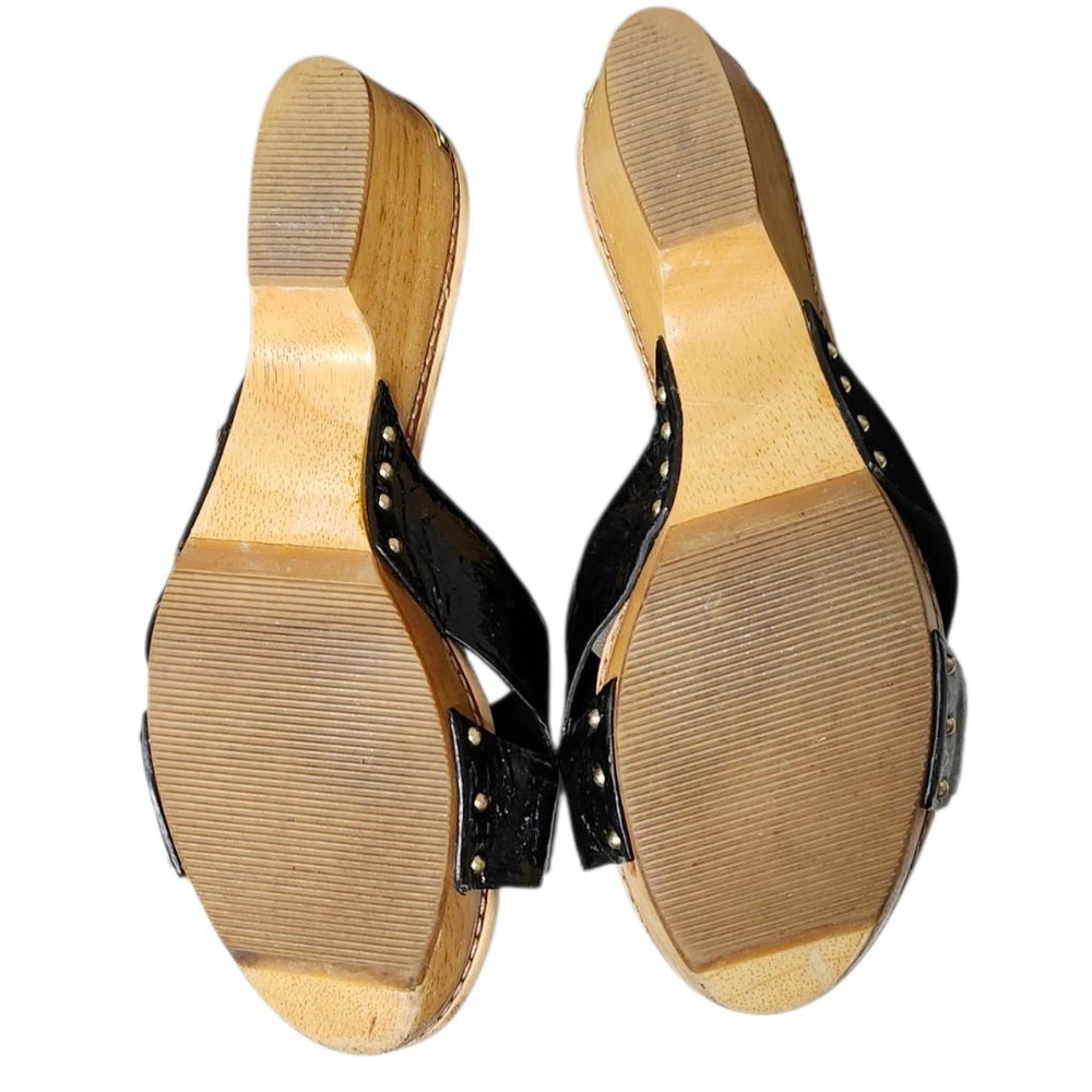 Coach Black Crinkle Patent Leather "Lee" Wooden Clogs Size 9.5 - Picture 7 of 8